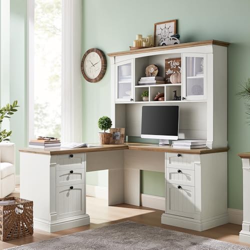 60" L Shaped Farmhouse Executive Desk with Hutch, Antique White, view 4
