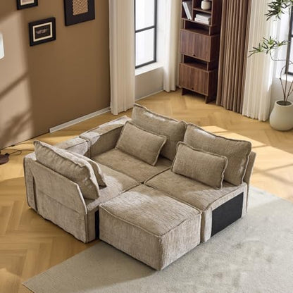111" Convertible Modular Sectional Sofa,Comfortable L Shaped Reversible Couch with Ottoman, Removable 3 Seater Boneless Modern Couch, Durable Chenille Cloud Sofa for Living Room,Khaki