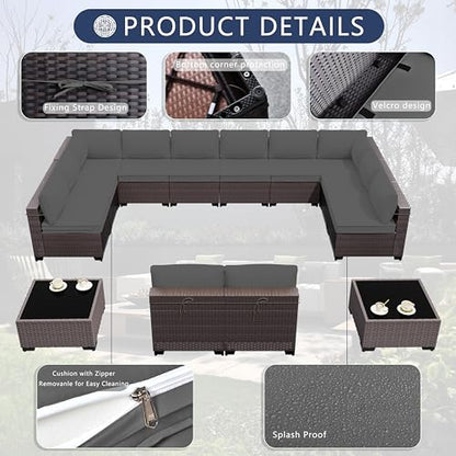 Outdoor Patio Furniture Set, 14 Pieces Outdoor Sectional Furniture Patio Sofa, All-Weather PE Rattan Patio Conversation Set with Tempered Glass Top Table & Cushions(Grey).