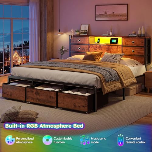 King Size Bed Frame with 9 Drawers and Charging Station, Brown, view 5
