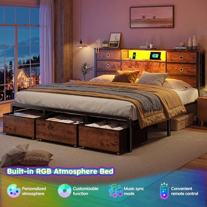 King Size Bed Frame with 9 Drawers and Charging Station, Brown, view 5