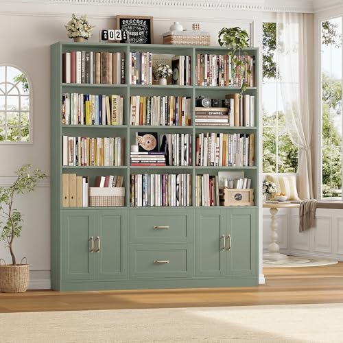 71" Tall Triple Wide Bookshelf with Storage Drawers & Doors, Green, view 5