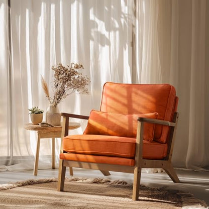 Solid Wood Wide Armrests Accent Chair,Upholstered Mid Century Modern Chair with Pillow,Comfy Reading Chair Farmhouse Arm Chair,Chairs Living Room,Bedroom,Guest Room,Linen Fabric,Burnt Orange