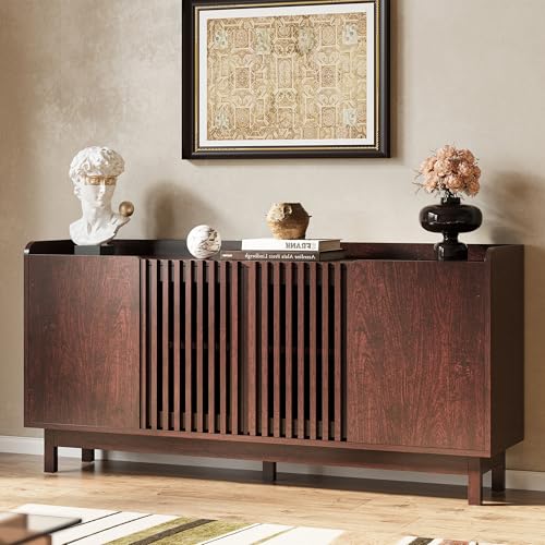Storage Cabinet with Grille Doors, Natural Red Walnut | 2 Adjustable Shelves