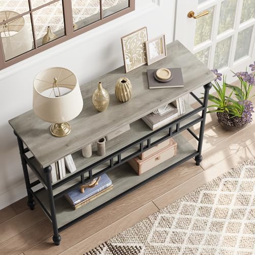 43" Console Table, 3-Tier Entryway Narrow Side Table with Shelves, Sofa Table for Living Room, Hallway, Bedroom, Rustic (Gray)