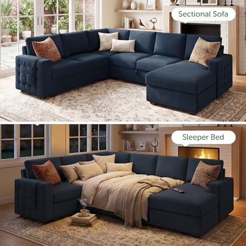 Sleeper Sectional Couch with Pull-Out Bed Sectional Sleeper Sofa Pull Out Bed with Storage Chaise, 6 Seaters Couch for Living Room, Velvet Blue