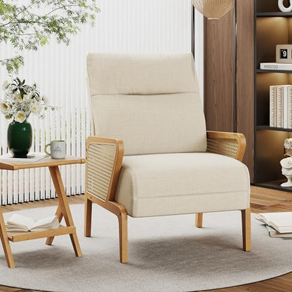 Upholstered Living Room Chairs Accent Chair Armchair, Natural Rattan Modern Slipper Club Chair Guest Reception Couch Comfy Single Sofa for Reading Bedroom-Ivory