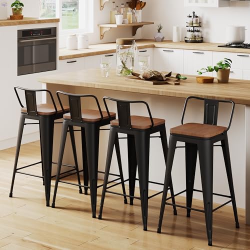26" Low Back Metal Counter Stool Height Bar Stools with Wooden Seat [Set of 4] Barstools, Matte Black