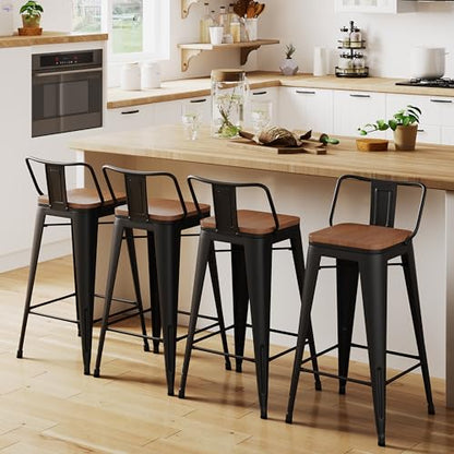 26" Low Back Metal Counter Stool Height Bar Stools with Wooden Seat [Set of 4] Barstools, Matte Black