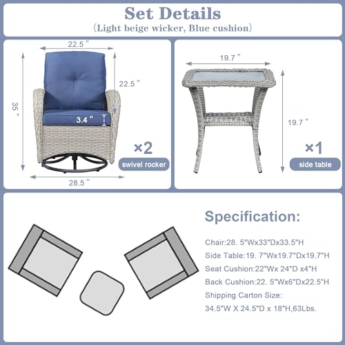 Patio Wicker Chairs Swivel Rocker - Outdoor Swivel Rocking Chairs Set of 2 with Rattan Side Table,3 Piece Patio Swivel Glider Chair Furniture Sets for Patio Porch Pool Light Beige/Blue