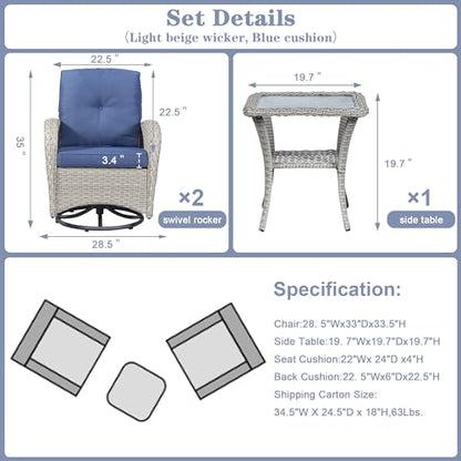 Patio Wicker Chairs Swivel Rocker - Outdoor Swivel Rocking Chairs Set of 2 with Rattan Side Table,3 Piece Patio Swivel Glider Chair Furniture Sets for Patio Porch Pool Light Beige/Blue