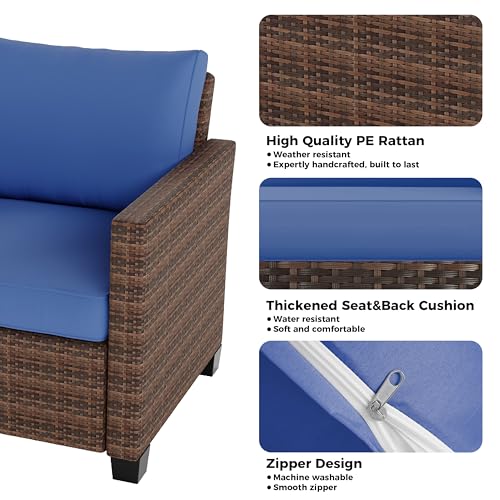 5 Pieces Patio Furniture Set, 7-Seater Rattan Wicker Patio Conversation Sets with Coffee Table, Outdoor Sectional Patio Sofa Set, Brown Rattan and Blue Cushions