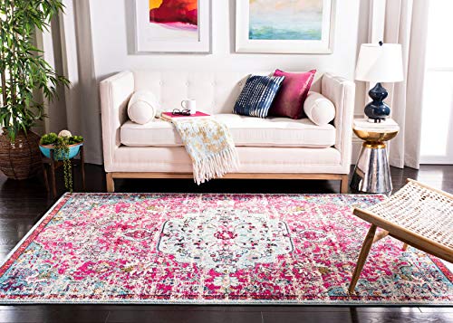 SAFAVIEH Madison Collection Area Rug - 6' x 9', Fuchsia & Teal, Boho Chic Medallion Distressed Design, Non-Shedding & Easy Care, Ideal for High Traffic Areas in Living Room, Bedroom (MAD447R)