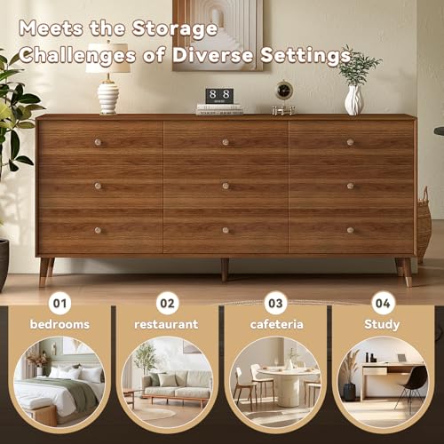 Dresser for Bedroom, 63 Inch 9 Drawer Wooden Chest of Drawers, view 5