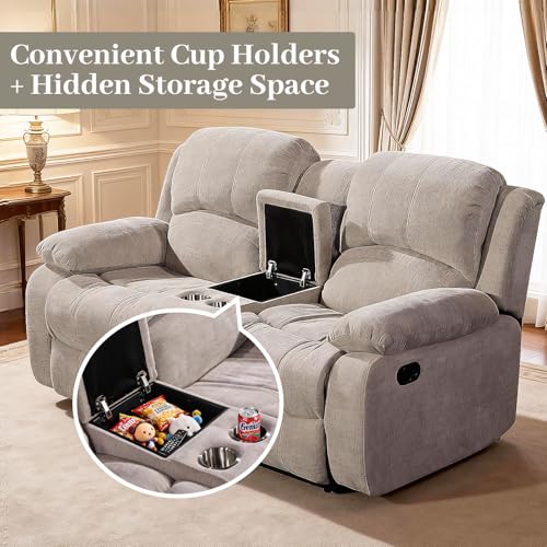 Soft Microfiber Reclining Sofa Set, Drop Down Table, Cupholder Console, Living Room Set, Sofa Loveseat Glider Chair 8018M (Light Grey, Sofa+Loveseat+Chair)