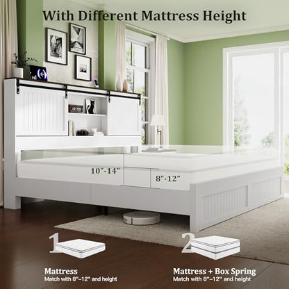 Farmhouse King Size Bed Frame Wood with Headboard Storage, White, view 5