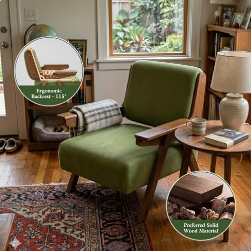 Accent Chair, Mid-Century Modern Velvet Lounge Chair with Wood Arms | Thick Cushioned Seat, Solid Wood Arms, Ergonomic Comfort for Living Rooms, Bedrooms, Reading Rooms & Reception Areas, Green