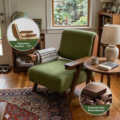 Accent Chair, Mid-Century Modern Velvet Lounge Chair with Wood Arms | Thick Cushioned Seat, Solid Wood Arms, Ergonomic Comfort for Living Rooms, Bedrooms, Reading Rooms & Reception Areas, Green