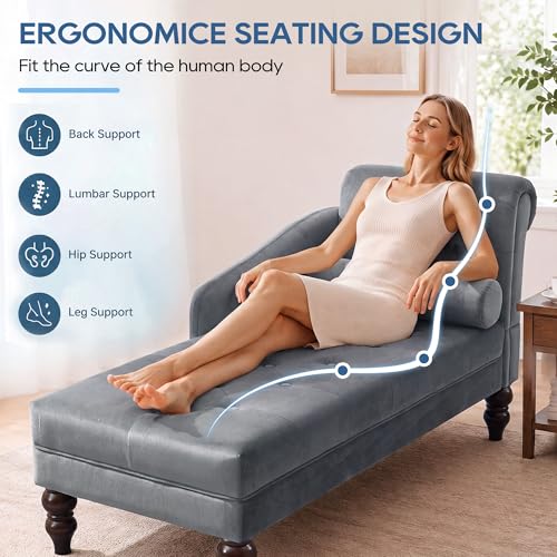 Chaise Lounge Chair Indoor with Right Armrest, Velvet, Grey, view 5