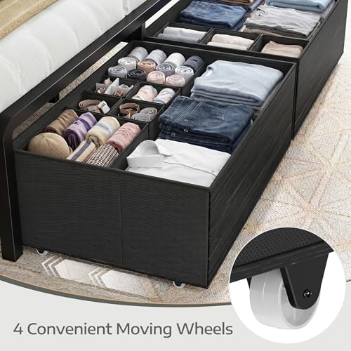 King Size Bed Frame with 9 Drawers and Charging Station,Black, view 6