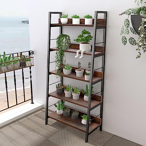 Bookshelf, Industrial Wood Bookshelves and Bookcases, Ladder Shelf 5 Tier with Metal Frame for Living Room, Bedroom, Kitchen, Home Office, Rustics Brown
