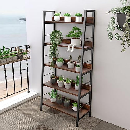 Bookshelf, Industrial Wood Bookshelves and Bookcases, Ladder Shelf 5 Tier with Metal Frame for Living Room, Bedroom, Kitchen, Home Office, Rustics Brown