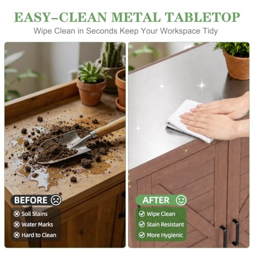 Outdoor Storage Cabinet with Metal Tabletop, Cedar Wood Garden Workstation | Metal Work Surface，Ample Storage Capacity，Natural Wood Construction，Garden Tool Organization，Patio & Garden Furniture