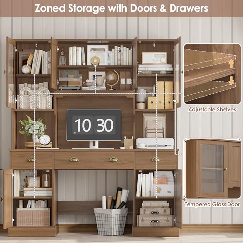 75" Executive Desk with Hutch and Drawers, Computer Desk with Glass Door and Storage Cabinet, 63" W Large Farmhouse Workstation for Home Office Study Writing Gaming Table, Brown