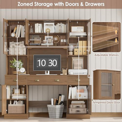 75" Executive Desk with Hutch and Drawers, Computer Desk with Glass Door and Storage Cabinet, 63" W Large Farmhouse Workstation for Home Office Study Writing Gaming Table, Brown