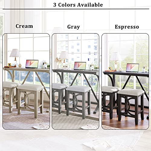 RuiSiSi 3 Piece Counter Height Dining Set, Farmhouse Kitchen Table Set with USB Port and 2 Upholstered Stools, Breakfast Nook Set for Kitchen, Dining Room, Living Room, Grey