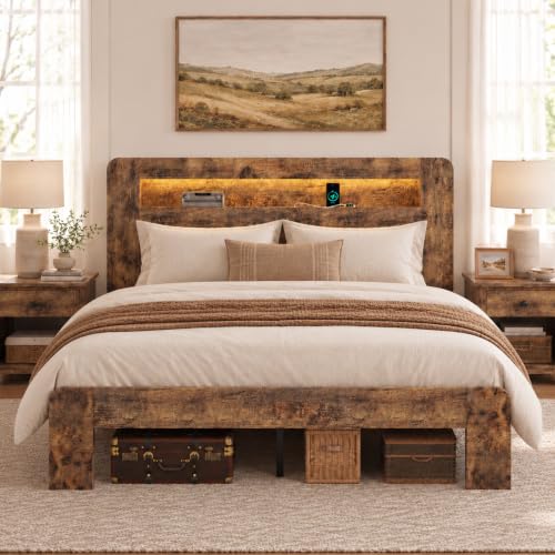 Farmhouse Queen Bed Frame, Storage Headboard with LED Charging, Brown, view 4