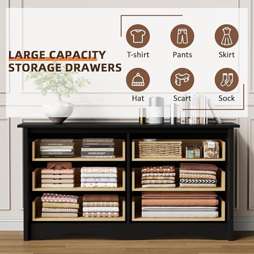 Dresser for Bedroom, 6 Drawer Wood Dresser, Black, view 4