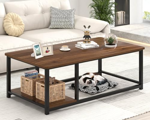 Modern Coffee Table, Rustic Wood and Metal Center Table for Living Room, Industrial Rectangle Cocktail Tea Table with Storage Shelf, Walnut, 47 Inch