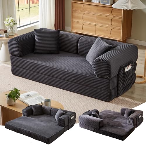 81 Inch Convertible Futon Sofa Bed,Fold Out Floor Sofa Couch with Fixed-Shape Frame,Corduroy Foldable Mattress Pull-Out Couches for Living Room (Dark Grey)