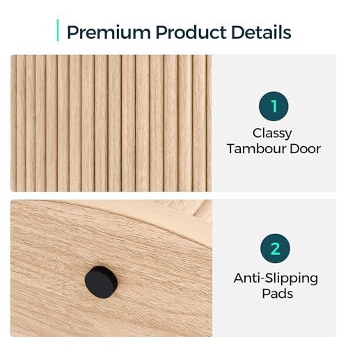 Round Fluted End Table, Tall Side Table with Sliding Tambour Door and Storage Shelf, Modern Bedside Table, Mid-Century Nightstand for Living Room, Bedroom, Oak