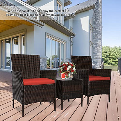 Fine Style 3 Piece Patio Furniture Set,Outdoor Wicker Rattan Conversation Set,Porch PE Outdoor Set with Coffee Table, Chairs & Thick Cushions, for Garden Lawn Backyard Pool (Brown-Rust)