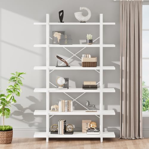 6 Tier Tall White Bookshelf, Industrial Modern Vertical Metal and Wood White Bookcases 6 Shelf,Farmhouse Open Large Storage Book Shelves & Display Book Shelf for Bedroom Living Room Office