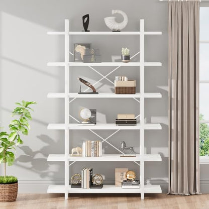 6 Tier Tall White Bookshelf, Industrial Modern Vertical Metal and Wood White Bookcases 6 Shelf,Farmhouse Open Large Storage Book Shelves & Display Book Shelf for Bedroom Living Room Office