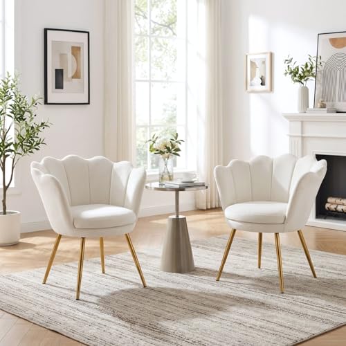 Cream White Makeup Vanity Chair with Back, Small Modern Velvet Upholstered Accent Chair with Gold Metal Legs, Cute Shell Shaped Vanity Stool Desk Chair for Living Room Bedroom Dressing Room