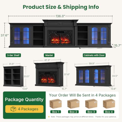 136" Fireplace TV Stand with Metal Screen, 5-in-1 Modular Design, Black, view 3