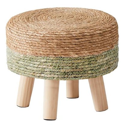 Ottoman Natural Seagrass Footrest Poufs Hand Weave Round Foot Stool for Couch Desk Soft Step Stool Padded Foot Rest with Pine Legs for Living Room Bedroom Natural/Green