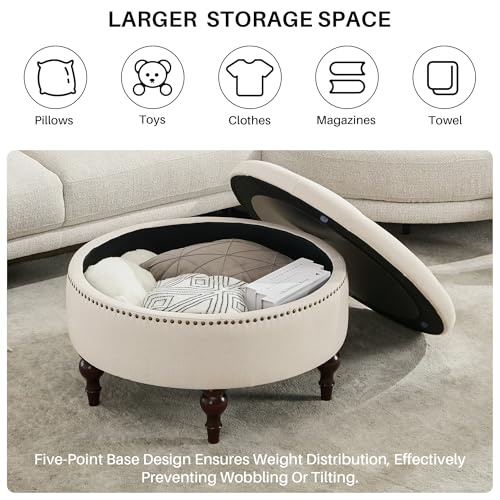 31.5" Large Round Storage Ottoman, Upholstered Tufted Linen Ottoman Coffee Table, Large Footrest with Solid Wooden Legs and Nailheads, Side Table for Living Room Bedroom Office, Beige