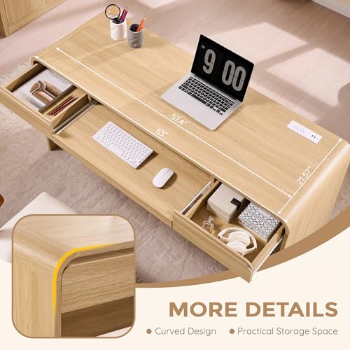 63" Modern Computer Desk with 2 Drawers, Wood Curved (Natural), view 5