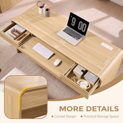 63" Modern Computer Desk with 2 Drawers, Wood Curved (Natural), view 5