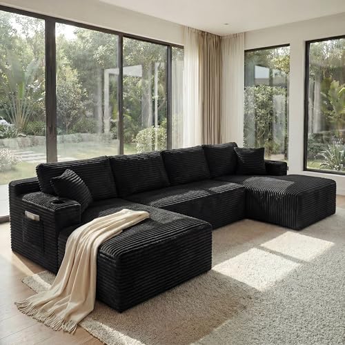 133" Oversized Cloud Boneless Sofa Couch with Chaise, Modern Corduroy U Shaped Modular Sectional Sofa with Deep Seat, Comfy Couch with Cupholders and Storage, No Assembly Required-Black