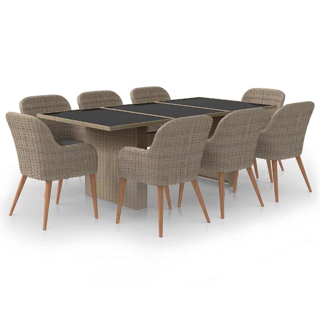 9 Piece Poly Rattan Garden Dining Set with 1 Rectangular Table and 8 Cushioned Chairs, Brown PE Wicker Patio Furniture Set for Outdoor Dinning Backyard and Porch