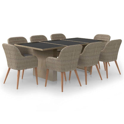 9 Piece Poly Rattan Garden Dining Set with 1 Rectangular Table and 8 Cushioned Chairs, Brown PE Wicker Patio Furniture Set for Outdoor Dinning Backyard and Porch