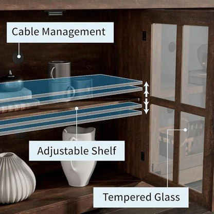 63" Farmhouse TV Stand with 4 Glass Doors and Storage, Espresso, view 7