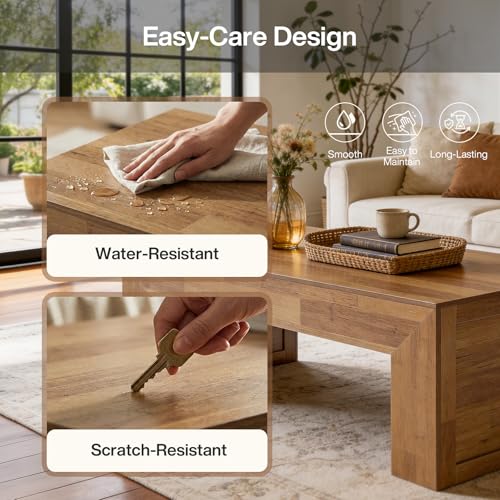 Tribesigns 47-Inch Farmhouse Coffee Table, Wooden Rectangular Center Table with Thick Base, Modern Cocktail Tea Furniture for Living Room (Oak Brown)