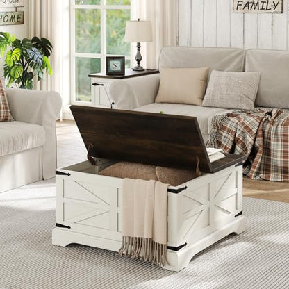 Farmhouse Lift Top Coffee Table, Square Wood Center Table with Large Hidden Storage Compartment for Living Room, Rustic Cocktail White Modern Table with Hinged Lift Top, Brown Top
